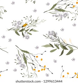 Fantasía de estilo floral sin fisuras con flores silvestres pintadas a mano. Ilustración del vector de papel tapiz botánico