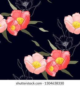 Fantasía estampado floral sin fisuras con flores silvestres pintadas a mano Roses. Dibujo blanco de elementos botánicos, ilustración vectorial