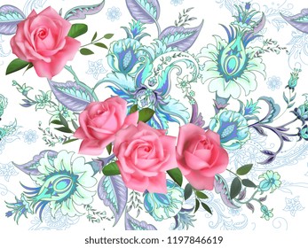 Fantasy floral seamless pattern with roses