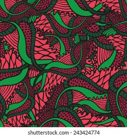 Fantasy floral seamless pattern in tattoo style, hand drawn vector illustration