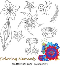 Fantasy flower elements illustration set on white isolated. Vector image. Coloring page.