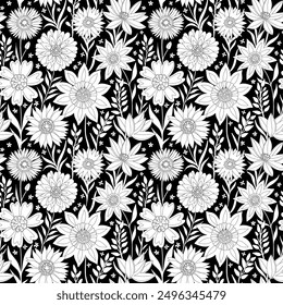 Fantasy Flower Field of Black thin Line Drawing on a White silhouette on a Black Backdrop. Wallpaper Design for Textiles, Papers, Prints, Fashion, Wrappings, Coloring Pages.