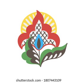 Flor de fantasía al estilo de caricatura plana aislada de fondo blanco. Diseño popular o tribal. Ideal para impresiones textiles, tarjetas de felicitación, invitaciones. Diseño de imágenes prediseñadas de EPS vectoriales