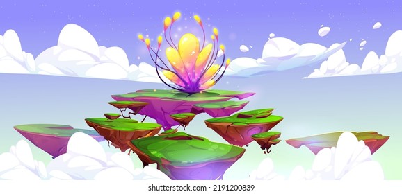 Flor de fantasía en el paisaje del planeta alienígena, planta mágica crece en isla voladora sobre nubes en cielo azul. Fondo del juego de caricatura con inusual cuento de hadas o naturaleza extraterrestre, ilustración vectorial