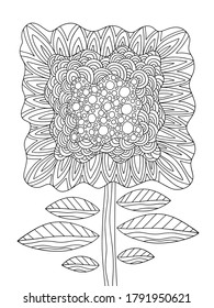 Fantasy flower on stem with leaves coloring page stock vector illustration. Blooming unusual flower zentagle detailed coloring page for kids and adults. Fairy tail ornamental booming plant on white.