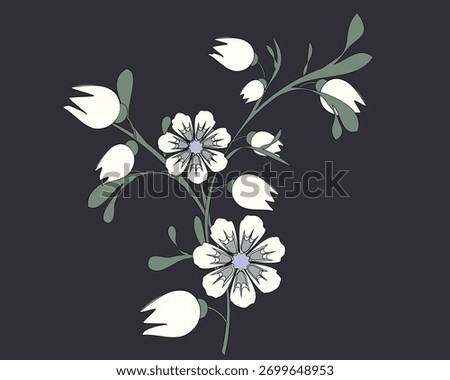 Fantasy flower stem with white buds. Vector illustration for embroidery, appliqués, clothing and textile decoration, postcards