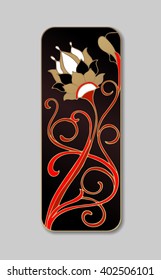 Fantasy flower. Vector floral element for design isolated on black background. Abstract decorative pattern with flower,  branches. Color ornament. Decorative plate, tile. Good for tattoo, prints, card