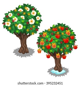 Fantasy flowering trees with colorful garlands and fruit in the form of red apples hanging on a satin ribbon. Vector illustration.