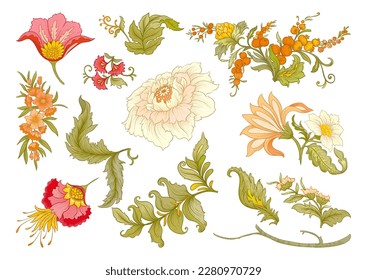 Fantasy flowers in art nouveau style, vintage, old, retro style. Clip art, set of elements for design. Vector illustration.