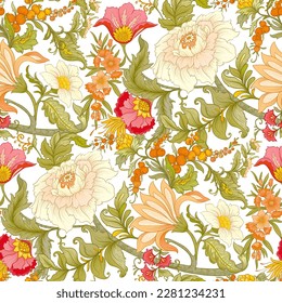 Fantasy flowers in art nouveau style, vintage, old, retro style. Seamless pattern, background. Vector illustration.