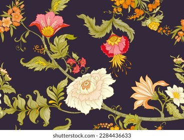 Fantasy flowers in art nouveau style, vintage, old, retro style. Seamless pattern, background. Vector illustration.