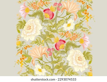 Fantasy flowers in art nouveau style, vintage, old, retro style. Seamless pattern, background. Vector illustration.