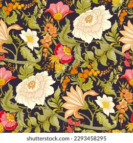 Fantasy flowers in art nouveau style, vintage, old, retro style. Seamless pattern, background. Vector illustration.