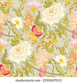 Fantasy flowers in art nouveau style, vintage, old, retro style. Seamless pattern, background. Vector illustration.