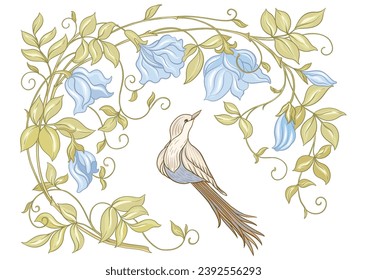 Fantasy flowers and bird, decorative flowers and leaves in art nouveau style, vintage, old, retro style. Clip art, set of elements for design Vector illustration. Outline hand drawing.