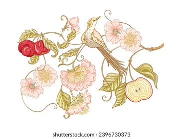 Fantasy flowers and bird, decorative flowers and leaves in art nouveau style, vintage, old, retro style. Clip art, set of elements for design Vector illustration. Outline hand drawing.