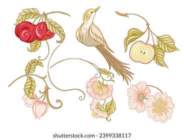 Fantasy flowers and bird, decorative flowers and leaves in art nouveau style, vintage, old, retro style. Clip art, set of elements for design Vector illustration. Outline hand drawing.