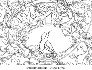 Fantasy flowers and bird, decorative flowers and leaves in art nouveau style, vintage, old, retro style. Seamless pattern, background. Vector illustration. Outline hand drawing vector illustration.