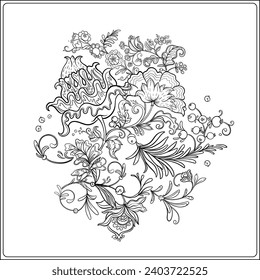 Fantasy flowers and bird, decorative flowers and leaves in art nouveau style, vintage, old, retro style. Coloring page for the adult coloring book. Vector illustration.