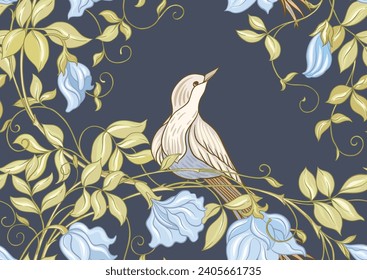 Fantasy flowers and bird, decorative flowers and leaves in art nouveau style, vintage, old, retro style. Seamless pattern, background. Vector illustration. Outline hand drawing vector illustration.