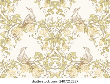 Fantasy flowers and bird, decorative flowers and leaves in art nouveau style, vintage, old, retro style. Seamless pattern, background. Vector illustration. Outline hand drawing vector illustration.