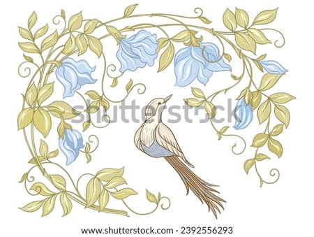 Fantasy flowers and bird, decorative flowers and leaves in art nouveau style, vintage, old, retro style. Clip art, set of elements for design Vector illustration. Outline hand drawing.
