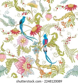 Fantasy flowers with bird of paradise quezal, in retro, vintage, jacobean embroidery style. Seamless pattern, background. Vector illustration.