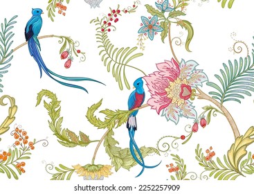 Fantasy flowers with bird of paradise quezal, in retro, vintage, jacobean embroidery style. Seamless pattern, background. Vector illustration.