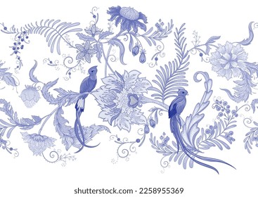 Fantasy flowers with bird of paradise quezal, in retro, vintage, jacobean embroidery style. Seamless border pattern, linear ornament, ribbon Vector illustration.