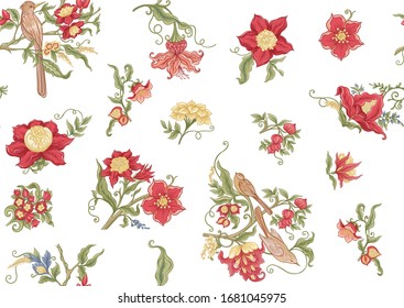 Fantasy flowers and birds in retro, vintage, jacobean embroidery style. Seamless pattern, background. Vector illustration. Isolated on white background.