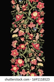 Fantasy flowers and birds in retro, vintage, jacobean embroidery style. Seamless pattern, background. Vector illustration. Isolated on black background.