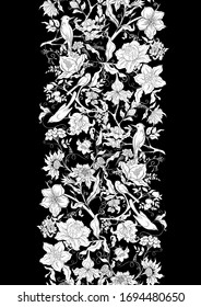 Fantasy flowers and birds in retro, vintage, jacobean embroidery style. Seamless pattern, background. Vector illustration. Black and white graphic.