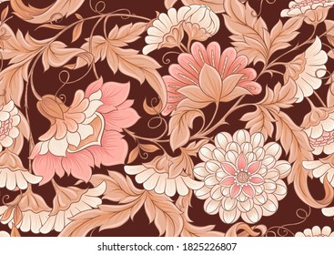 Fantasy flowers and birds in retro, vintage folk style seamless pattern in soft terracotta colors. Vector illustration.