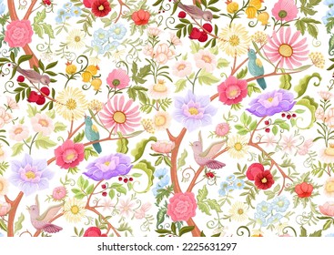 Fantasy flowers and birds in retro, vintage, jacobean embroidery style. Millefleurs seamless pattern, background. Vector illustration. Multicolor.