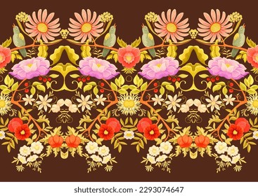 Fantasy flowers and birds in retro, vintage, jacobean embroidery style. Millefleurs seamless pattern, background. Vector illustration. Multicolor.