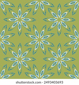 Fantasy flowers with blue petals on a green background form a modern floral seamless pattern for decorative pillows, wrapping paper. Vector.