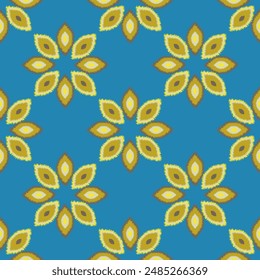 Fantasy flowers of colored petals on a blue background form a floral contemporary seamless pattern. Vector.