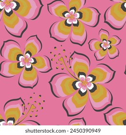 Fantasy flowers with colorful petals on a bright pink background form a seamless cute pattern for textiles, wrapping paper. Vector.