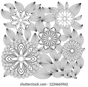 Fantasy flowers coloring page. Hand drawn doodle. Floral patterned illustration. African, indian, totem, tribal, zentangle design. Sketch