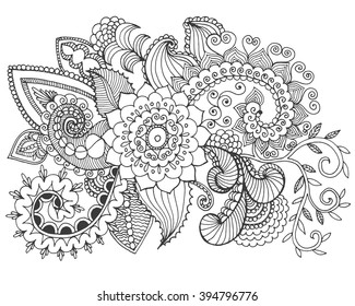 Fantasy flowers coloring page. Hand drawn doodle. Floral patterned vector illustration. African, indian, totem, tribal, zentangle design. Sketch for colouring page, tattoo, poster, print, t-shirt