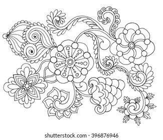 Fantasy flowers coloring page. Hand drawn doodle. Floral patterned vector illustration. African, indian, totem, tribal, zentangle design. Sketch for colouring page, tattoo, poster, print, t-shirt