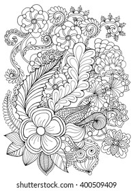 Fantasy flowers coloring page. Hand drawn doodle. Floral patterned vector illustration. African, indian, totem, tribal, zentangle design. Sketch for colouring page, tattoo, poster, print, t-shirt