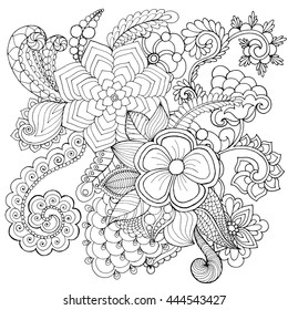 Fantasy flowers coloring page. Hand drawn doodle. Floral patterned vector illustration. African, indian, totem, tribal, zentangle design. Sketch for colouring page, tattoo, poster, print, t-shirt