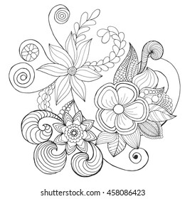 Fantasy flowers coloring page. Hand drawn doodle. 