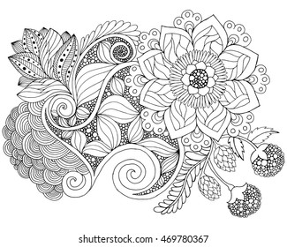 Fantasy flowers coloring page. Hand drawn doodle. Floral patterned vector illustration. African, indian, totem, tribal, zentangle design. Sketch for colouring page, tattoo, poster, print, t-shirt