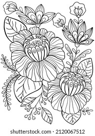fantasy flowers coloring plants on a white background isolate contour illustration black and white picture hand drawing doodle sketch vector for kids and adults postcard sketch print