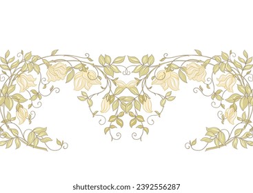 Fantasy flowers, decorative flowers and leaves in art nouveau style, vintage, old, retro style. Seamless pattern, background. Vector illustration. Outline hand drawing vector illustration.