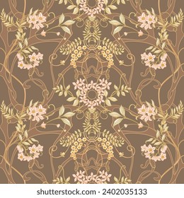 Fantasy flowers, decorative flowers and leaves in art nouveau style, vintage, old, retro style. Seamless border pattern, linear ornament, ribbon Vector illustration.