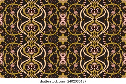 Fantasy flowers, decorative flowers and leaves in art nouveau style, vintage, old, retro style. Seamless pattern, background. Vector illustration.