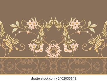 Fantasy flowers, decorative flowers and leaves in art nouveau style, vintage, old, retro style. Seamless border pattern, linear ornament, ribbon Vector illustration.